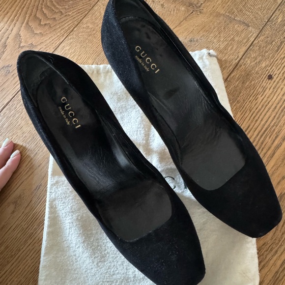 Gucci Black Suede Square Toe Heels - Picture 1 of 8